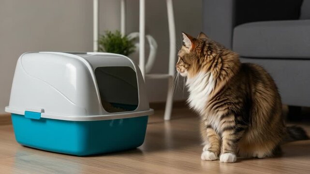 Curious domestic animal, fluffy tabby cat, sits patiently indoors beside its covered litter box modern home room, appearing calm, thoughtful, and alert, contemplating its next move, prioritizing