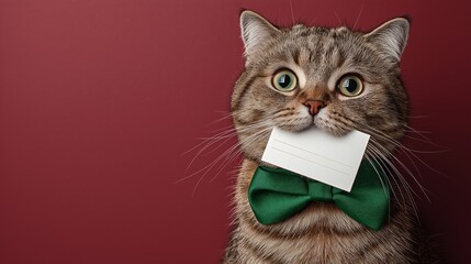 Cat with a green bow tie holding a blank card creates a strong concept for invitations, greetings, announcements and playful holiday messaging. Expressive pet portrait supports marketing themes