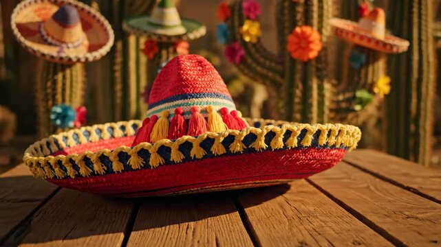 Festive sombreros adorn rustic wooden table, cacti backdrop.