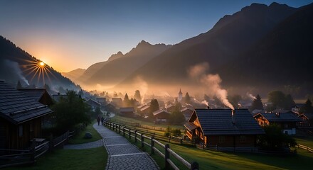 Misty morning sunrise over a tranquil alpine village in the mountains.