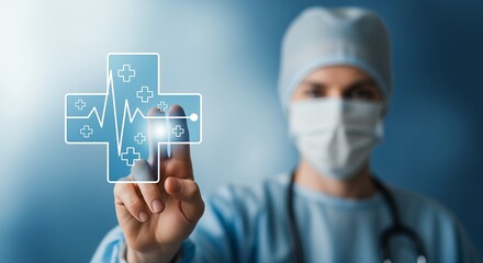 Medical professional wearing surgical attire and mask interacts with a digital interface displaying a heart rate monitor within a medical cross symbol healthcare doctor technology innovation