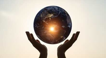 Fototapeta premium Silhouetted hands gently cradle planet Earth at dusk with city lights illuminating the dark side and a bright sunburst on the illuminated hemisphere holding protect world globe night