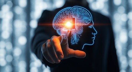 A person's hand touches a glowing blue outline of a human head and brain filled with circuitry representing artificial intelligence technology mind digital future network connection