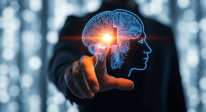 A person's hand touches a glowing blue outline of a human head and brain filled with circuitry representing artificial intelligence technology mind digital future network connection