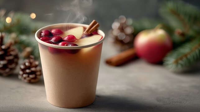 Hot apple cranberry drink with cinnamon sticks in a kraft cup used for winter beverages, festive menus and Christmas food promotions. Soft steam and seasonal ingredients reinforce keywords like apple