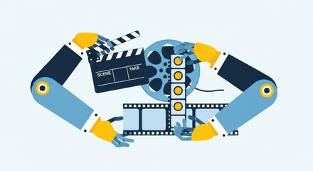 Robotic Arms Holding Film Reel and Clapperboard, Technology and Film Concept.