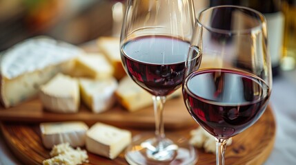 Elegant romantic dining  red wine glasses and gourmet cheese platter on a wooden board