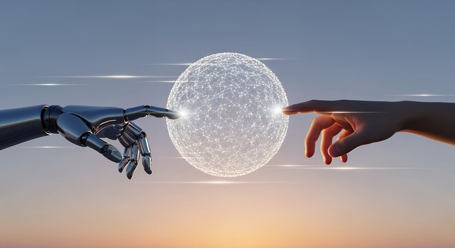 A robotic hand and a human hand reach out to touch a glowing digital sphere against a serene sky Technology Connection Future Innovation Artificial Intelligence Interaction Communication