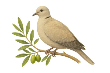 Dove bird with a black collar standing on a green olive branch. Transparent background. Classic illustration