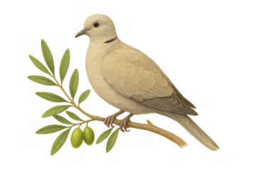 Dove bird with a black collar standing on a green olive branch. Transparent background. Classic illustration