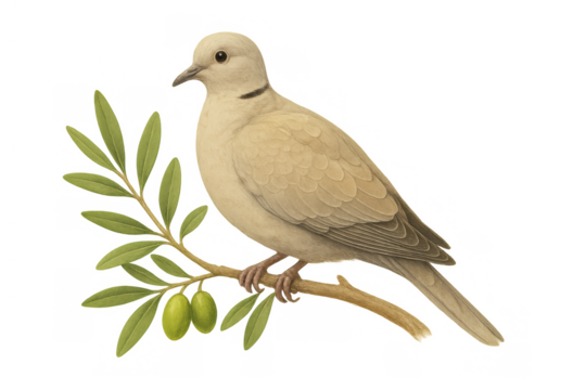 Dove bird with a black collar standing on a green olive branch. Transparent background. Classic illustration