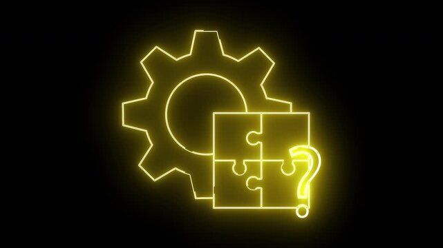 Yellow neon gear puzzle question mark on black mechanical conceptual incomplete