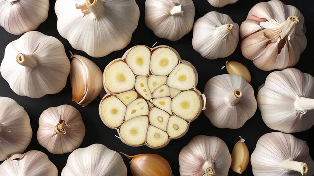 Garlic's Core: Close-up composition of garlic bulbs and a cut section reveals the unique structure of this aromatic ingredient.