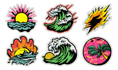 Colorful Summer Vibes Graphic Illustrations with Symbols of Waves and Sunshine