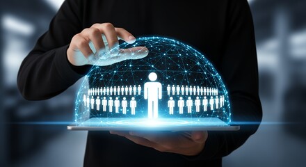 A person's hands hold a tablet displaying a glowing digital sphere with interconnected nodes and rows of stylized human figures representing a network or community Technology Connection