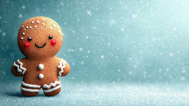 Gingerbread man smiles on a turquoise background with snow and snowflakes