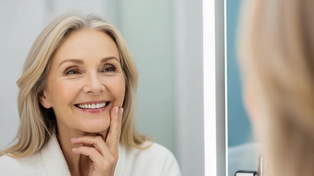 Mature happy adult female beauty face, smiling senior elder woman embracing natural beauty, radiating confidence, self assurance, contentment mirror, elegant blonde hair touches face, 196 characters