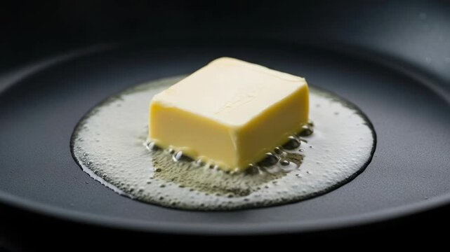 Golden yellow butter melting hot pan, creating frothy liquid rich aroma, slowly transforming delicious bubbling oil, ready cooking baking, evoking melting butter frying pan, creating rich inviting