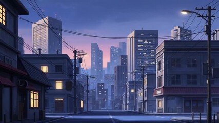 Urban cityscape twilight vibrant building architecture skyline street light sky serene dusk glowing windows modern skyscrapers distant soft blue tranquil ambiance contemplative atmosphere peaceful