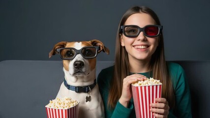 Woman and Pet Dog Enjoying Popcorn Entertainment with 3D Glasses, Fun Leisure Movie Experience, Domestic Animal Joyful Fun