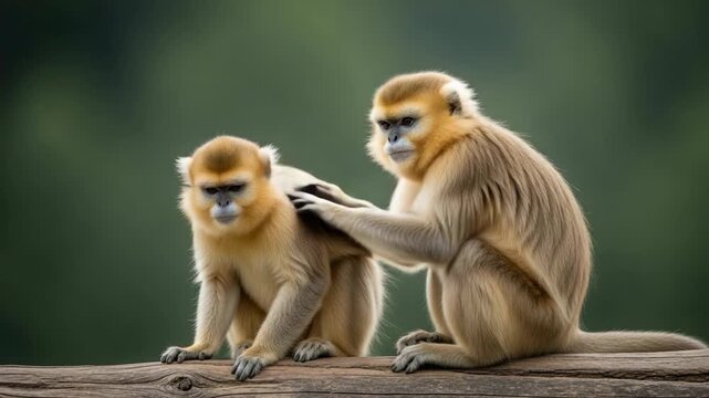 Golden Monkey Primate Animal Nature Wildlife Mammal Grooming Social Behavior Sino Tibetan Mountains Affectionate Bond Serene Expression Lush Forest Habitat Gentle Care Tranquility Natural Setting