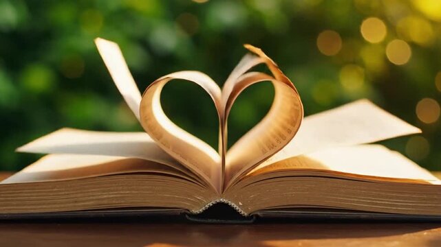 Fall in love with learning as book pages form a heart shape against a bokeh background evoking passion for knowledge