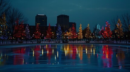 Nighttime ice skating in city square with colorful holiday lights reflecting on the ice surface