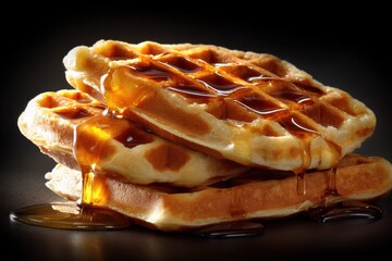 Delicious golden waffles with syrup dripping, perfect for breakfast or dessert, enticing and mouth-watering delight