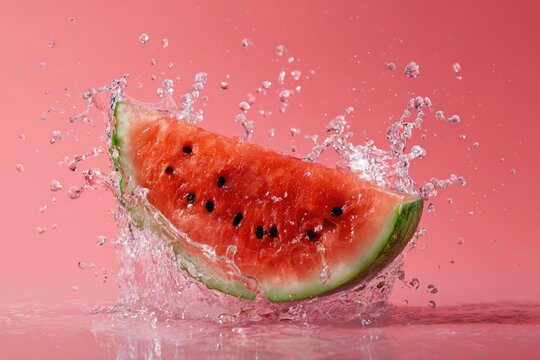 Fresh Watermelon Slice Splashes in Bright Pink Background, Refreshing Summer Fruit with Juicy Water Droplets