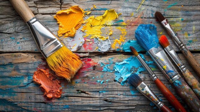 Vibrant close up of colorful paints and brushes on a wooden table showcasing artistic creativity - Powered by Adobe