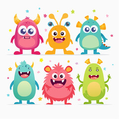 Naklejka premium A collection of six vibrant and whimsical cartoon monsters, each with a unique personality and playful design, set against a clean white background with colorful confetti
