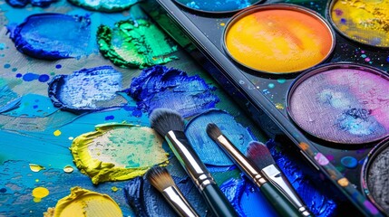 Vibrant halloween makeup flat lay featuring brushes and palettes in creative professional style