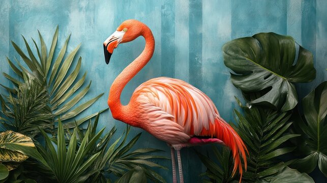 Flamingo amidst tropical foliage, teal backdrop; nature, wildlife, travel