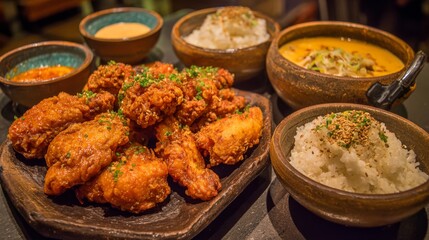 Crispy Fried Chicken Wings with Flavorful Rice and Spicy Dipping Sauce for a Delicious Meal Experience in a Cozy Restaurant Setting