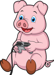 Cute happy pig playing videogame