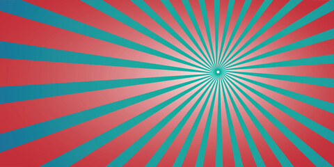 A vibrant retro sunburst background with radiating red and teal rays from a central point.