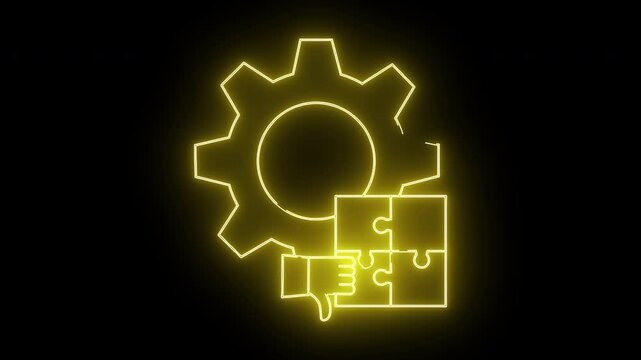 Neon style graphic shows gear jigsaw  thumbs down on a black background