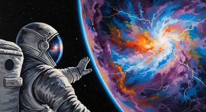 Astronaut in space gazing at a vibrant, colorful nebula and cosmic phenomena.