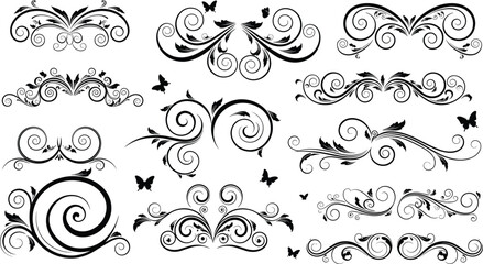 Ornate decorative flourish set, floral swirl vector, butterfly accent design, vintage embellishment graphic, elegant border element, cad drawing flat vector illustration