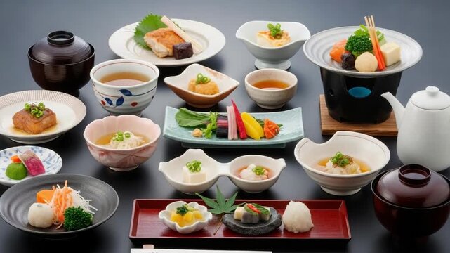 Exquisite Japanese food presentation, harmonious arrangement of delicate dishes evoking serene satisfaction and culinary artistry, delightful feast for eyes and palate, fine dining asian food