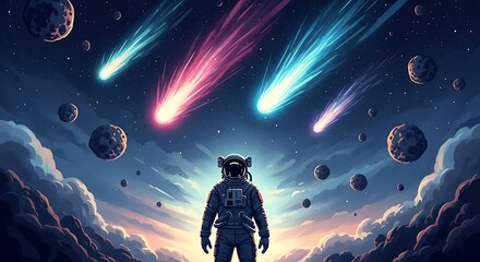 Astronaut Gazing at a Meteor Shower in Deep Space.