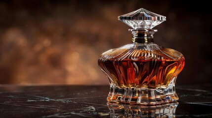 Elegant close up of a luxury perfume bottle on a reflective surface, emphasizing artistic design