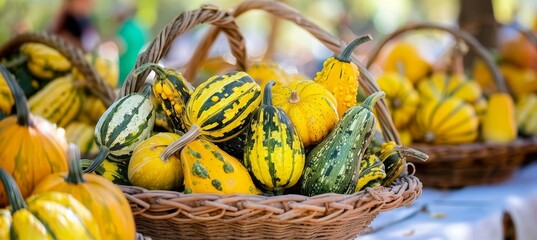 Vibrant autumn farmers market featuring pumpkins, gourds, and fresh seasonal produce