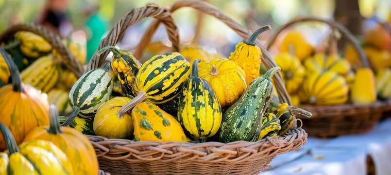 Vibrant autumn farmers market featuring pumpkins, gourds, and fresh seasonal produce - Powered by Adobe