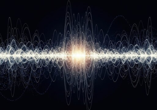 Abstract glowing sound wave visualization with bright center on dark background