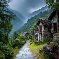 Stone houses on a mountain path under a cloudy sky.
