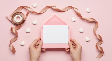 Hands hold a pink envelope with a blank white card surrounded by rose gold ribbon a roll of ribbon and scattered white heart shapes on a pastel pink background hearts message invitation greeting