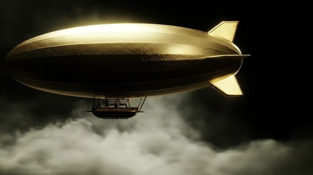 A gleaming golden airship floats above a hazy, moody cloudscape, bathed in a celestial light