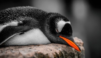 Naklejka premium Gentoo penguin rests its head on a rock with eyes closed.