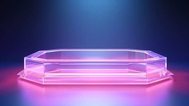 Empty Modern Transparent Octagonal Glass Pedestal Illuminated by Vibrant Pink and Blue Neon Lights, Ideal for Product Showcase or Abstract Background - Powered by Adobe